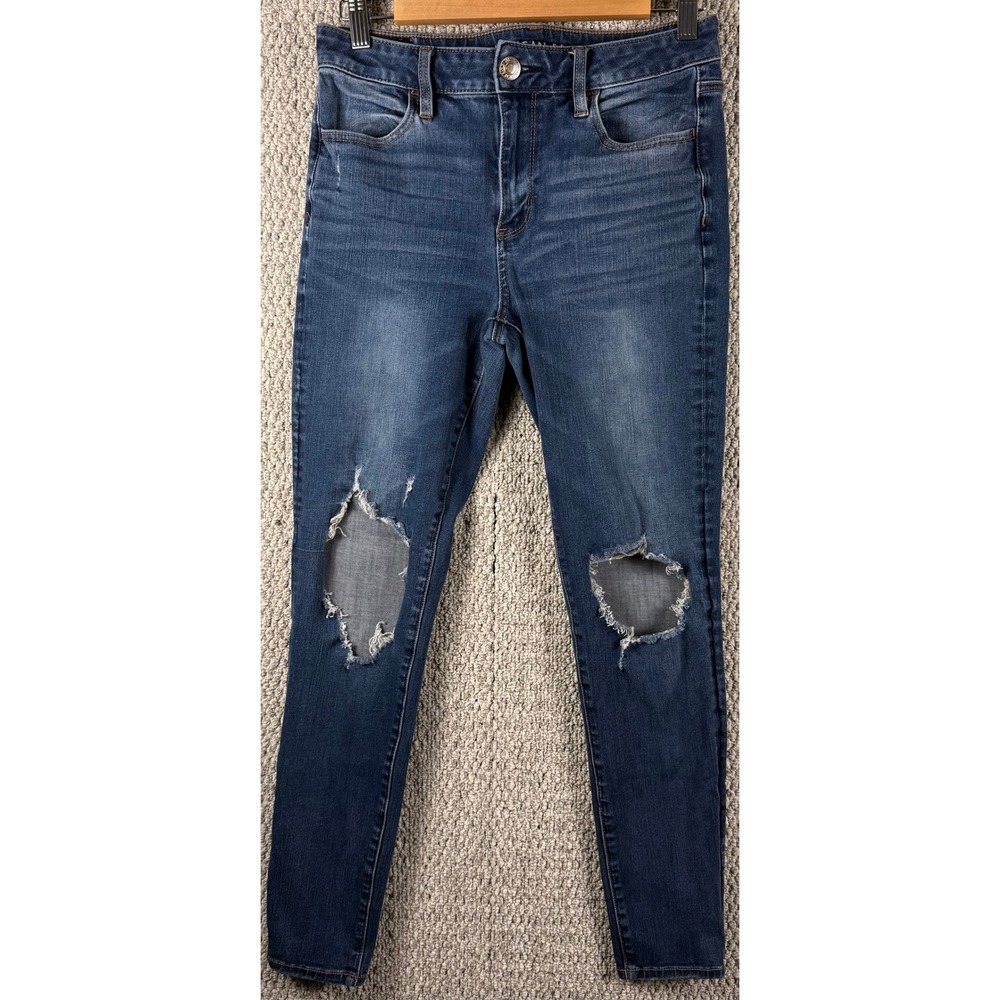 American Eagle Ne(x)t Level Stretch Skinny Jeans 8 Blue Distressed Grunge Denim